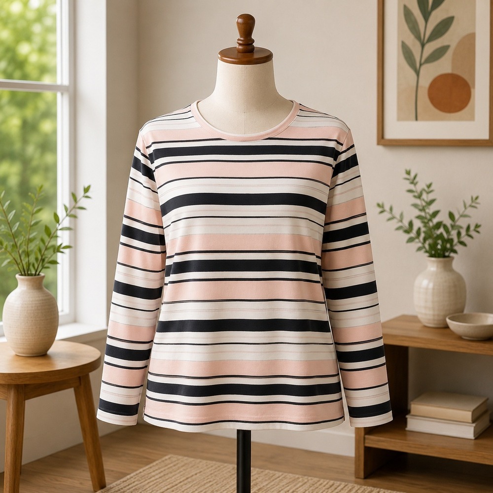 Croft & Barrow Womens Classic Tee Striped Long Sleeve Pink Black White Size L
